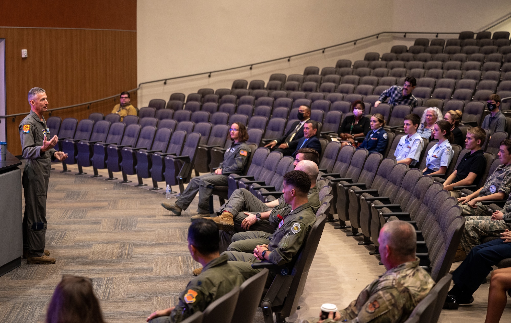 Brig. Gen. Gregory Kreuder, 56th Fighter Wing commander, speaks to a group of Junior ROTC students Aug. 2, 2021, at the GO Inspire event at Shadow Mountain High School in Phoenix, Arizona.