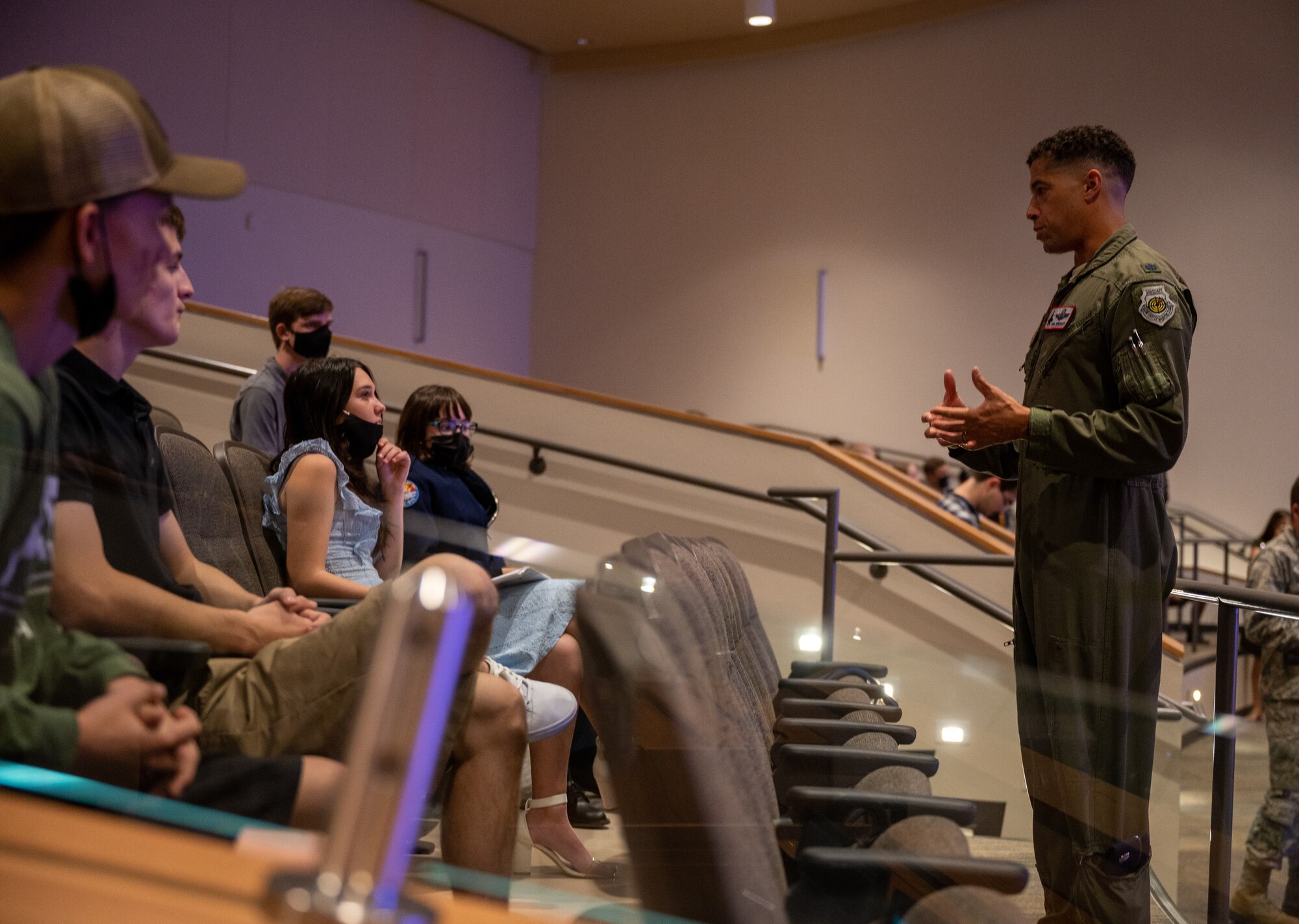 U.S. Air Force Lt. Col. William Wisehart, 63rd Fighter Squadron reserves assistant director of operations, speaks about his career Aug. 2, 2021, at the GO Inspire event at Shadow Mountain High School in Phoenix, Arizona.