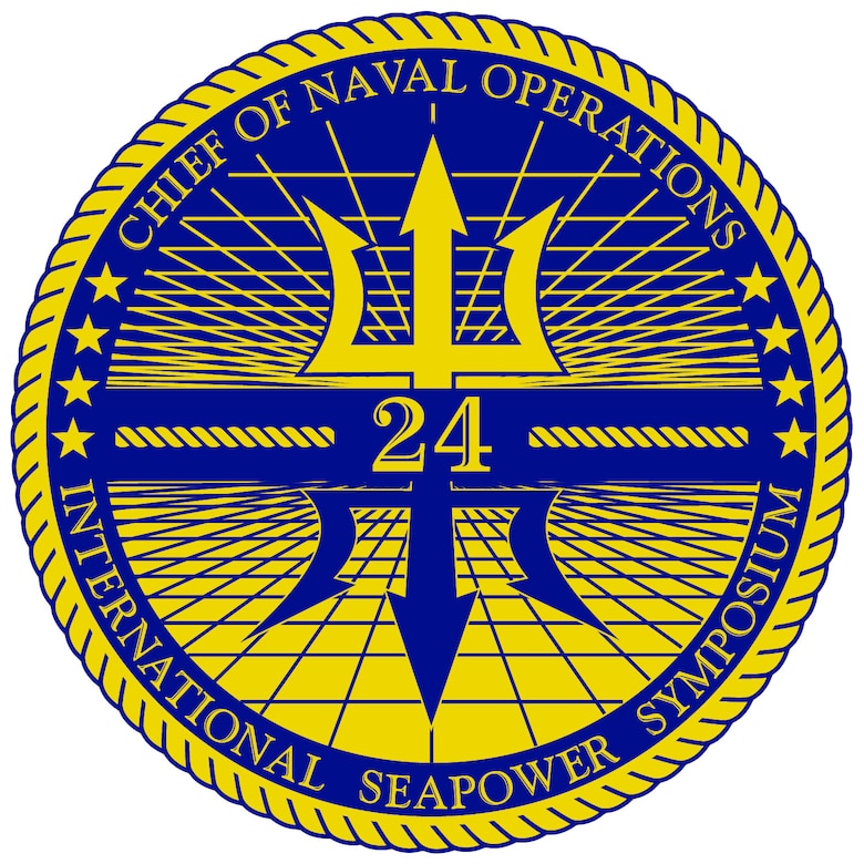 A graphic shows a gold 24 and a blue and gold mirrored trident surrounded by globe-like lines and words that read "Chief of Naval Operations" and "International Seapower Symposium" surrounded by a gold rope.