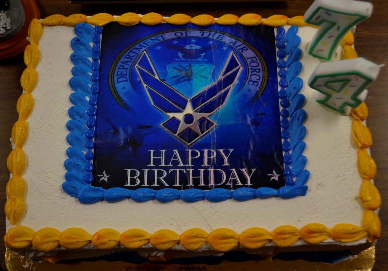 A cake adorned with the Air Force emblem and candles representing the service’s 74th birthday was served during the Defense Logistics Agency Troop Support’s celebration of the Air Force birthday September 14, 2021 in Philadelphia.