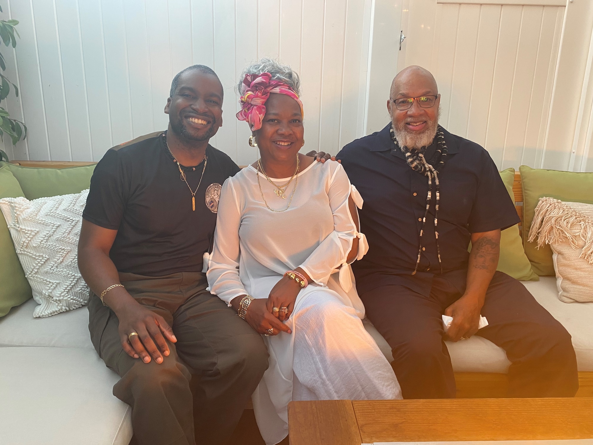 Tech. Sgt. Kenneth Johnson, 9th Force Support Squadron community programming and partnership office non-commissioned officer in charge, left, poses for a photo with his parents, Charles and Cynthia Burton, May 9, 2021, at a friend’s house in Southern California.