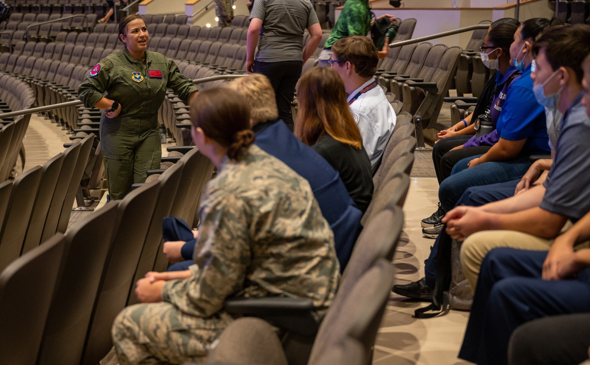 U.S. Air Force Maj. Stephanie Chayrez, 56th Fighter Wing Diversity & Inclusion team chief, speaks about her job as the 63rd Fighter Squadron Human Performance team chief Aug. 2, 2021, at the GO Inspire event at Shadow Mountain High School in Phoenix, Arizona.