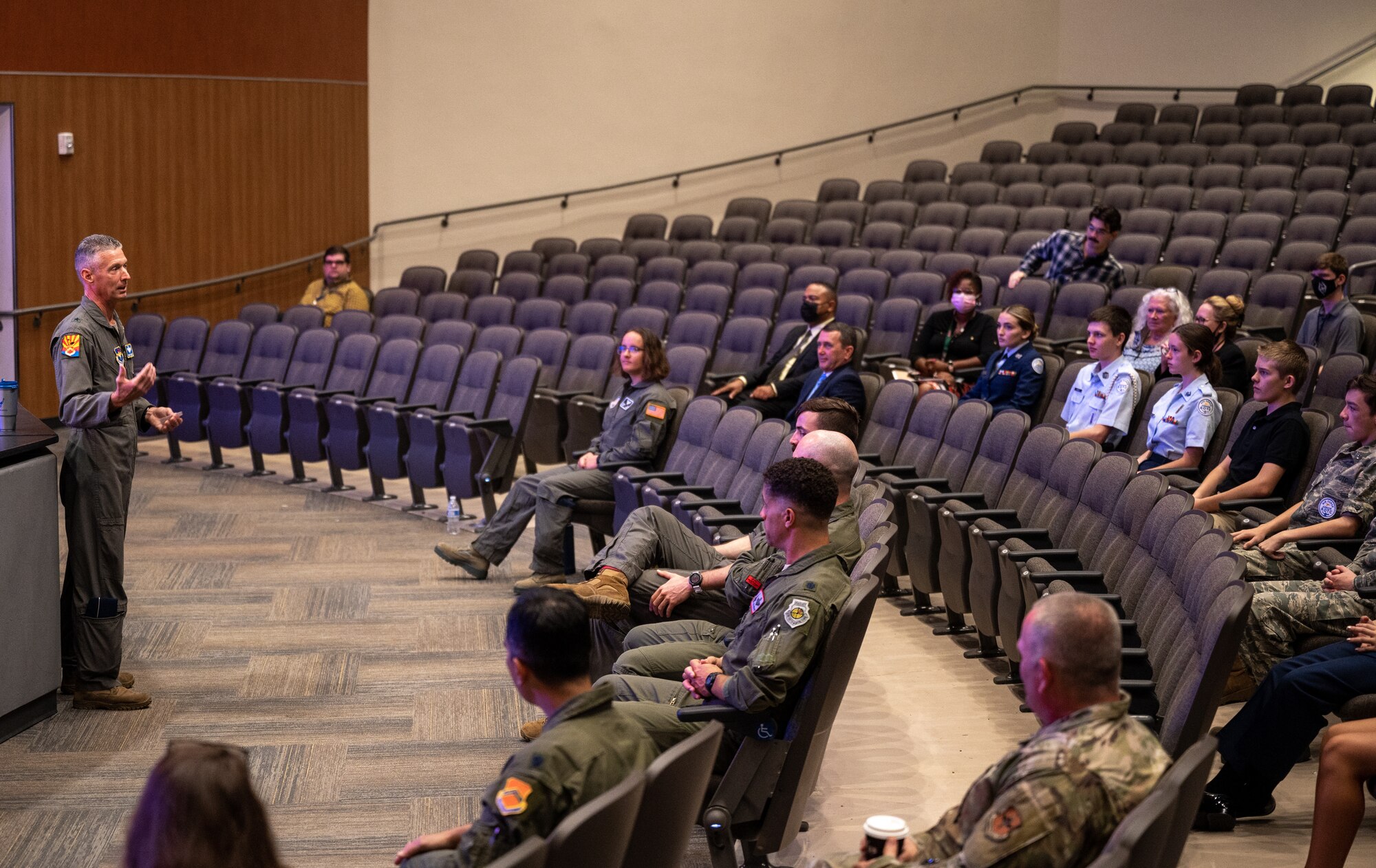 Brig. Gen. Gregory Kreuder, 56th Fighter Wing commander, speaks to a group of Junior ROTC students Aug. 2, 2021, at the GO Inspire event at Shadow Mountain High School in Phoenix, Arizona.