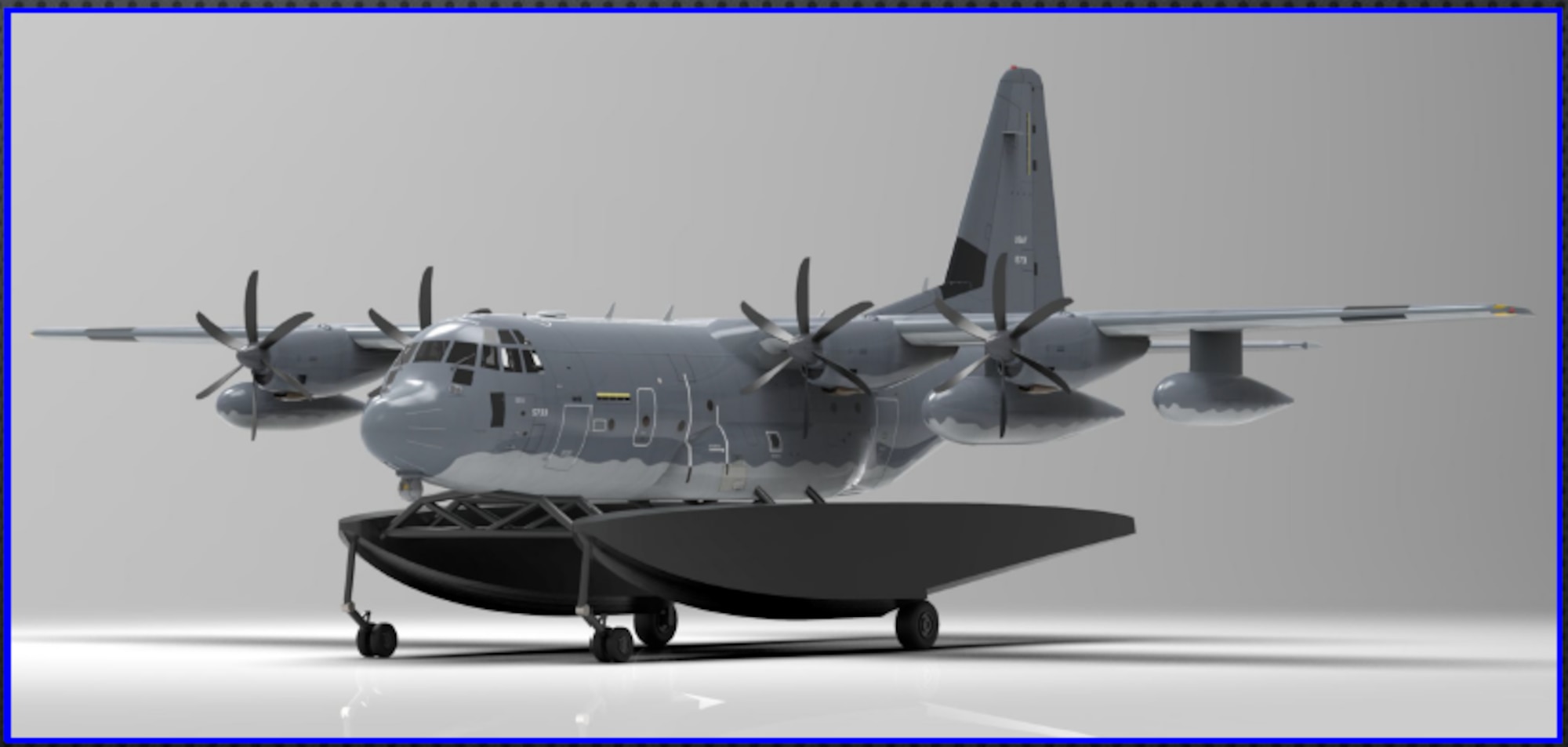 A rendering of a twin float amphibious modification to an MC-130J Commando II is shown here. Air Force Special Operations Command and private sector counterparts are currently developing a Removable Amphibious Float Modification (RAFM) for the MC-130J, allowing aircraft to take off and land in bodies of water and conduct runway independent operations. (Courtesy photo)