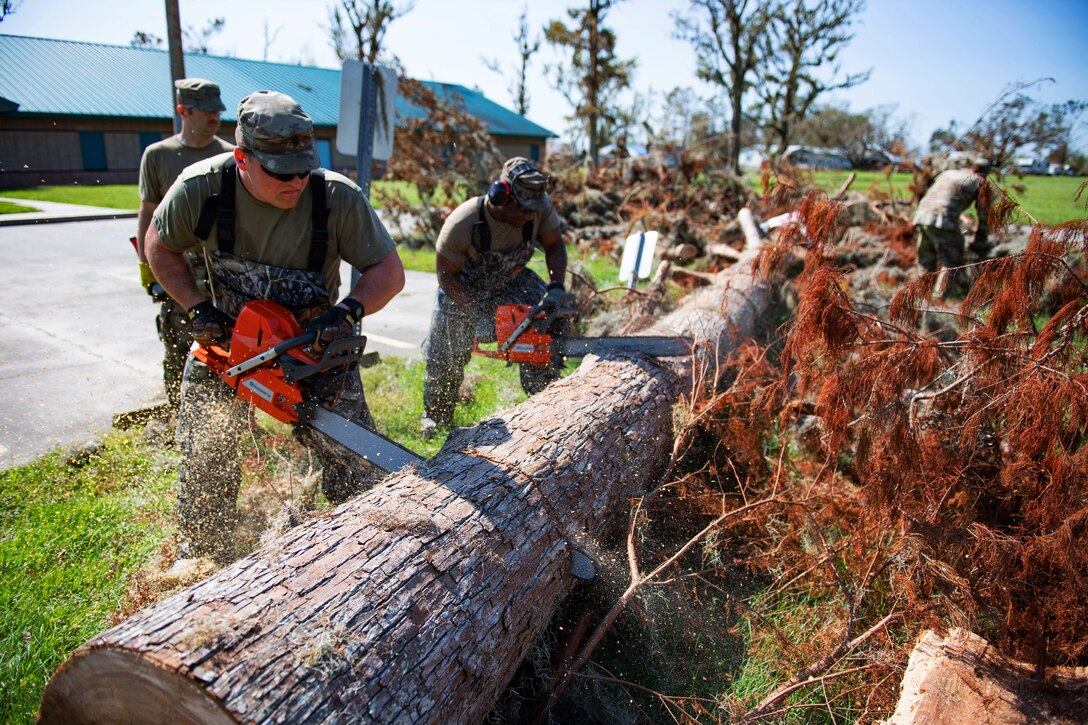 Soldiers use chain saws to cut up a large tree on the ground.