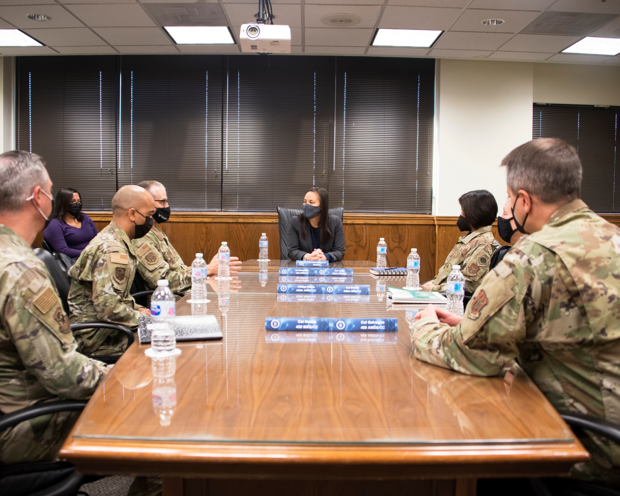 Under Secretary of the Air Force, Gina Ortiz Jones leads a discussion with wing leaders about the mandatory COVID vaccination efforts, Sept. 11, 2021, at Joint Base Andrews, Md. The USecAF wants to determine any limiting factors in the execution of the timeline, concerns voiced from members of the units, use of medical or religious exemptions, and best practices of communicating the safety and effectiveness of the vaccine, and show support for the units overall readiness efforts. (U.S. Air Force photo by Staff Sgt. Cierra Presentado/Released)