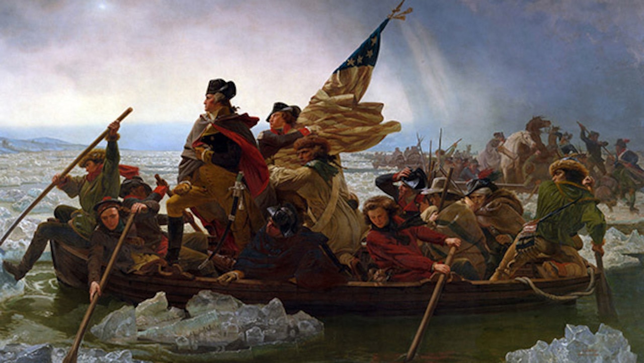 Painting of George Washington and troops steering a boat.