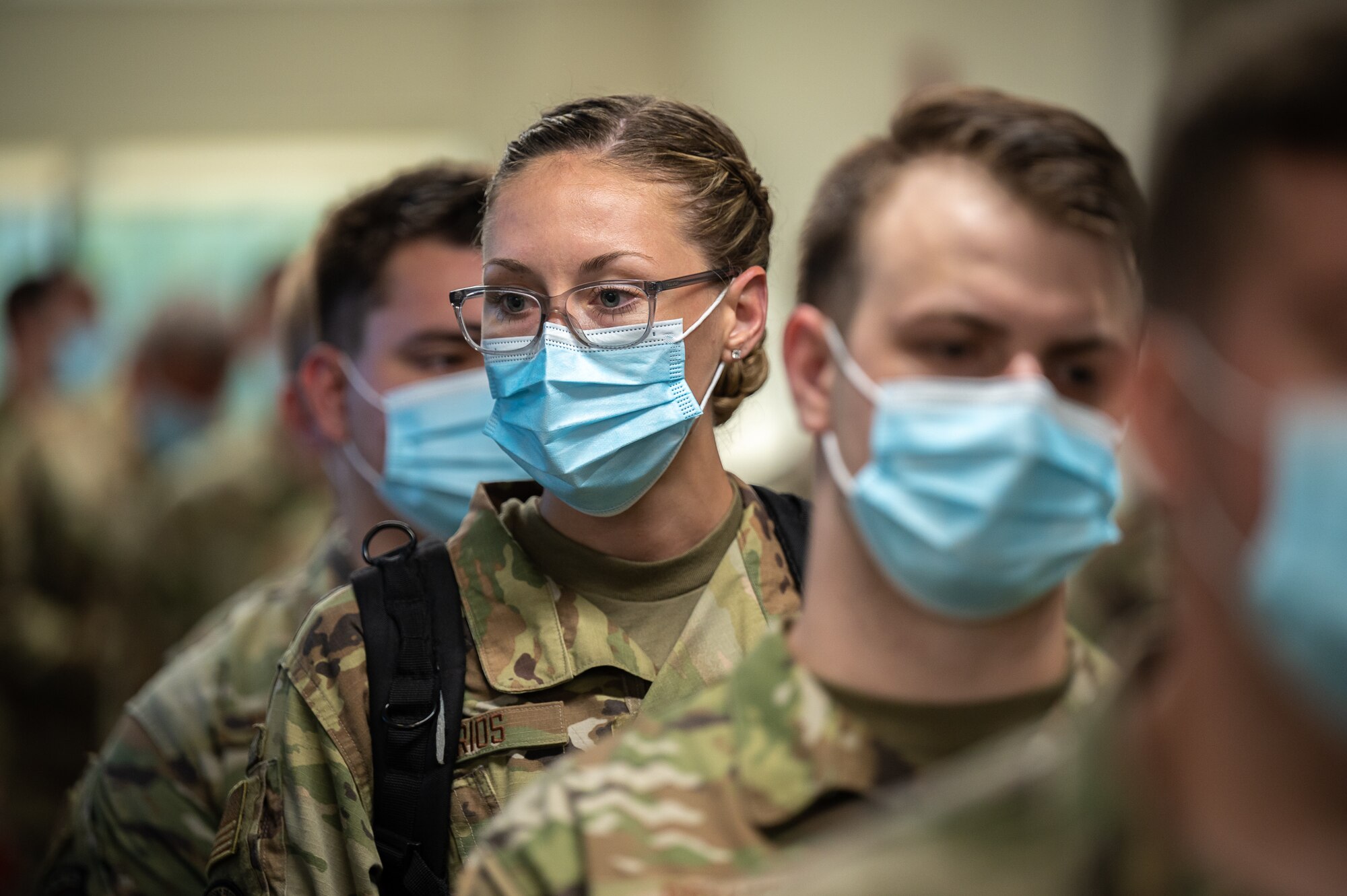 Airman 1st Class Audrey Parios, a C-130 crew chief in the Kentucky Air National Guard, reports to Baptist Hospital East in Louisville, Ky., Sept. 14, 2021, to provide logistical support to medical staff struggling to keep pace with the rising number of critically ill COVID patients. She is one of 45 Airmen, all of whom volunteered for the mission, who will serve at the hospital as long as needed. The group is part of 310 Kentucky Army and Air National Guard Soldiers and Airmen who were activated last week by Gov. Andy Beshear to provide non-clinical support to 21 hospitals across the Commonwealth. (U.S. Air National Guard photo by Lt. Col. Dale Greer)