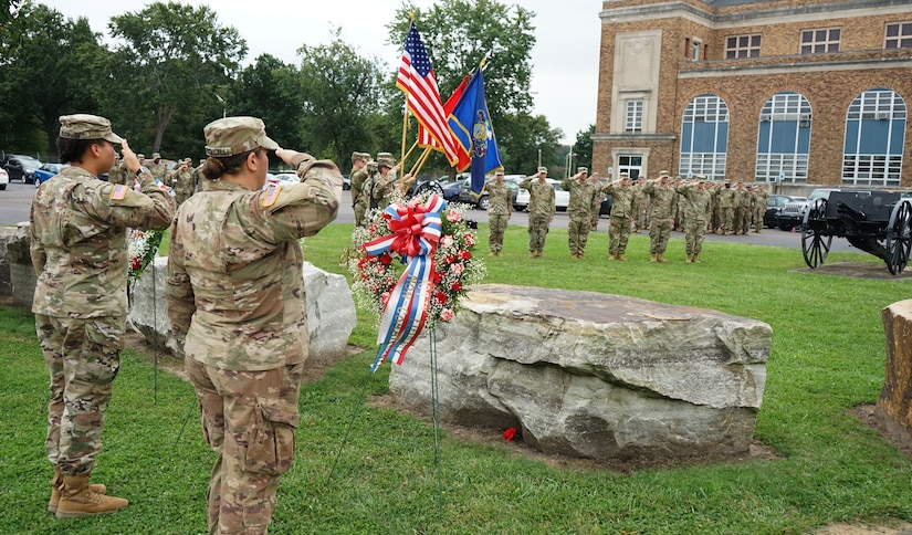 Soldiers salute during the national anthem during the 1st Battalion, 109th Field Artillery memorial ceremony at the Kingston Armory in Kingston, Pa., on Sept. 12, 2021. The ceremony recognized all the Soldiers lost during the regiment's history, but pays special tribute to the 33 Soldiers lost during a train crash on Sept.11, 1950 (U.S. Army photo by Sgt. 1st Class Matthew Keeler).