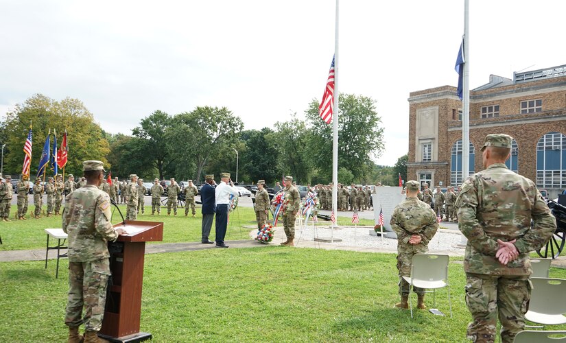 A wreath is presented in honor of the Soldiers from 1st Battalion, 109th Field Artillery, who paid the ultimate sacrifice during the battalion's Memorial Ceremony on Sept. 12, 2021, at the Kingston Armory in Kingston, Pa. The ceremony recognizes all of the Soldiers lost during the regiment's history, but pays special tribute to the 33 Soldiers lost during a train crash on September 11, 1950 (U.S. Army photo by Sgt. 1st Class Matthew Keeler).