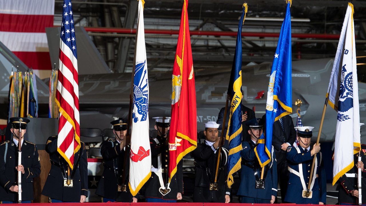 Service members stand in row with service flags.