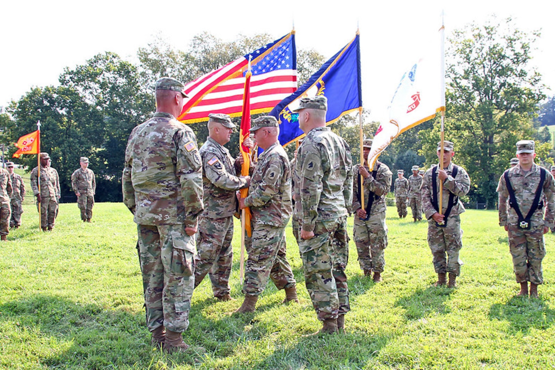 Lt. Col. Steve Mattingly, incoming commander of the 138th Field Artillery Brigade speaks during a change of command ceremony in Lexington, Ky., Sept. 12, 2021. (U.S. Army National Guard photo by Sgt. 1st Class Scott Raymond)