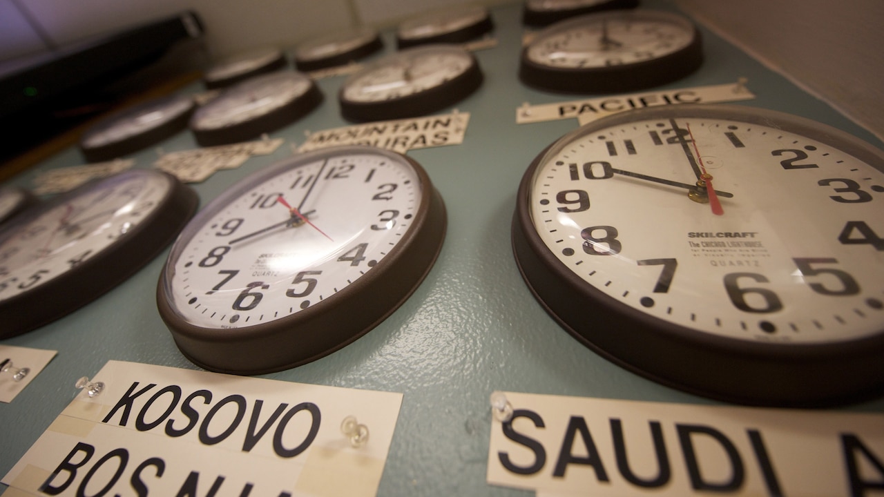 Clocks showing different times with countries listed beneath them