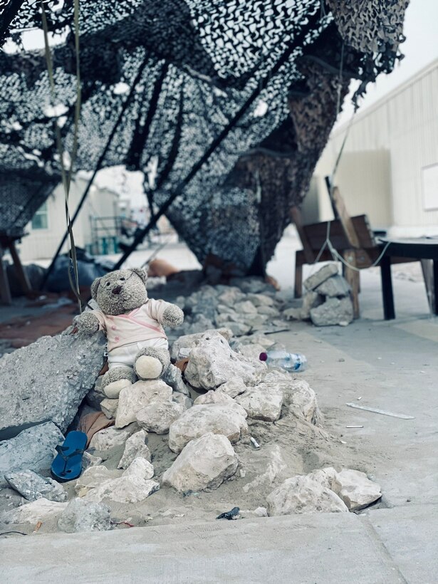 Teddy bear and toys on the ground under a netted tent