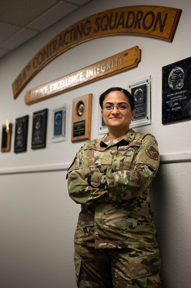 U.S. Air Force Airman 1st Class Helbees Tawadrous, a 354th Contracting Squadron contracting specialist, poses for a photo on Eielson Air Force Base, Alaska, Aug. 10, 2021.
