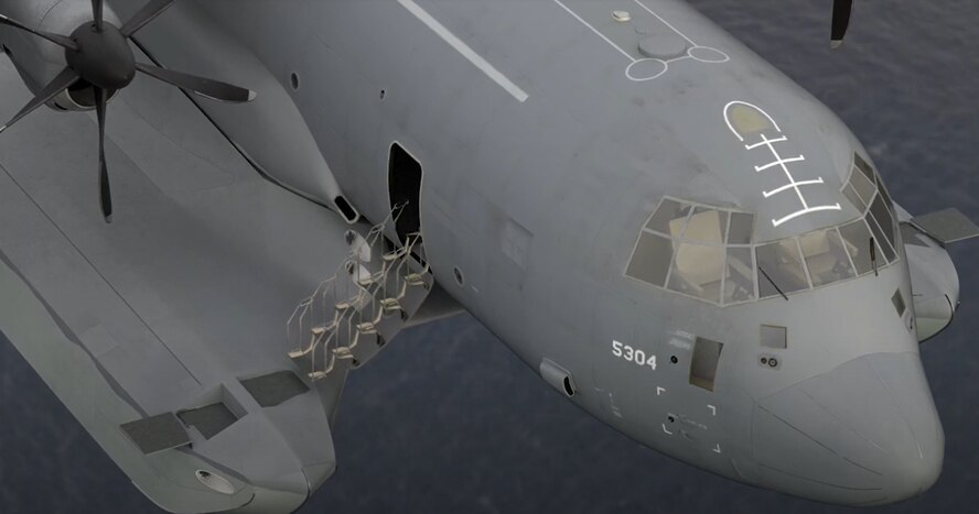A rendering of an amphibious modification to an MC-130J Commando II is shown here. Air Force Special Operations Command and private sector counterparts are currently developing a Removable Amphibious Float Modification (RAFM) for the MC-130J, allowing the aircraft to take off and land in bodies of water. (Courtesy photo)