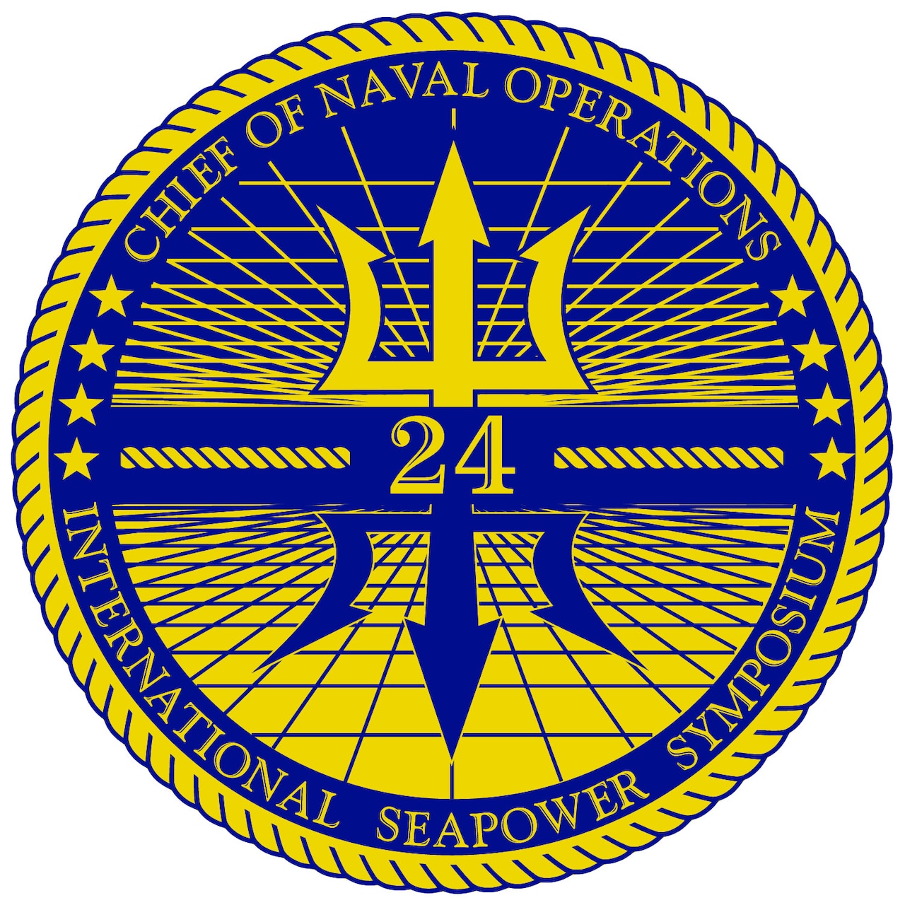 A graphic shows a gold 24 and a blue and gold mirrored trident surrounded by globe-like lines and words that read "Chief of Naval Operations" and "International Seapower Symposium" surrounded by a gold rope.