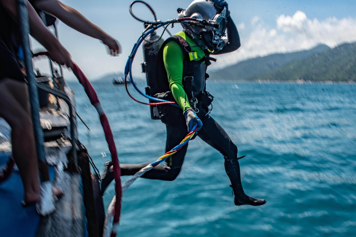 A diver jumps into the water.
