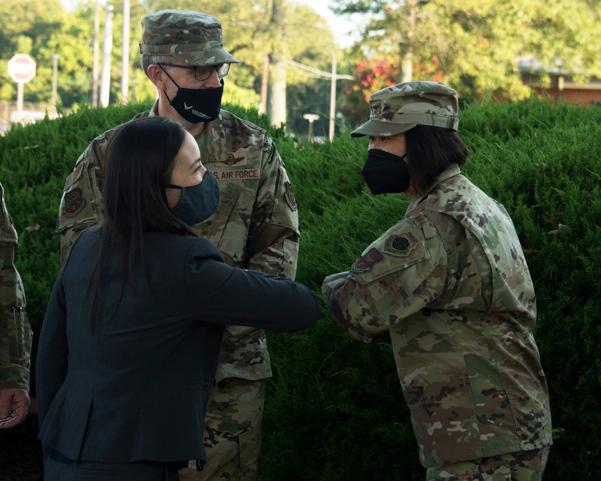 mUnder Secretary of the Air Force Gina Ortiz Jones greets Col. Janette Thode, 459th Air Refueling Wing Vice Wing Commander, as she prepares for a meeting with 459th ARW Airmen, Sept. 11, 2021, at Joint Base Andrews, Md. The USecAF wants to determine any limiting factors in the execution of the timeline, concerns voiced from members of the units, use of medical or religious exemptions, and best practices of communicating the safety and effectiveness of the vaccine, and show support for the units overall readiness efforts. (U.S. Air Force photo by Staff Sgt. Cierra Presentado/Released)