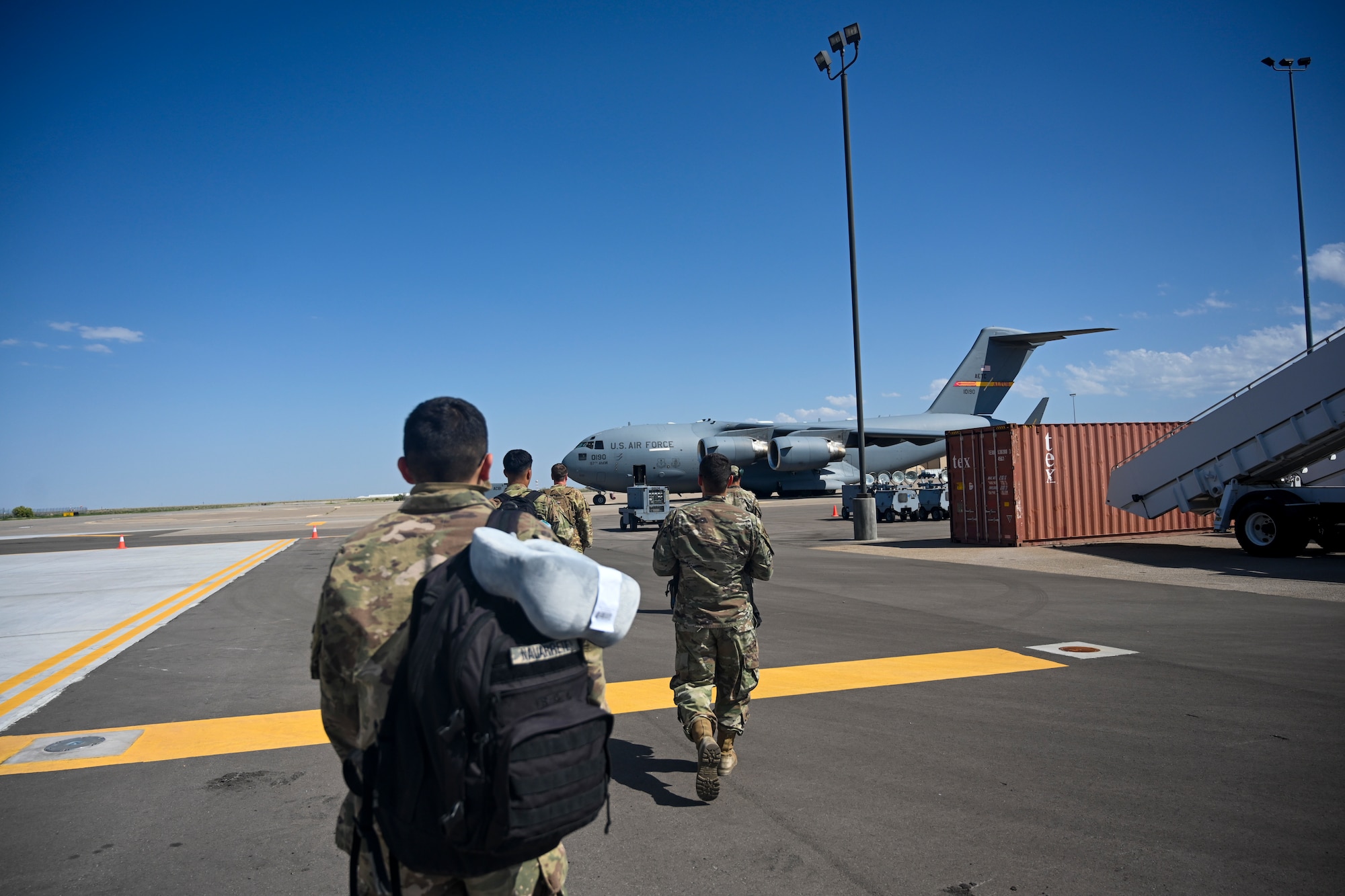 Airmen supporting exercise agile combat employment reaper from Holloman Air Force Base board a C-17 Sept. 8, 2021, Holloman AFB, New Mexico.