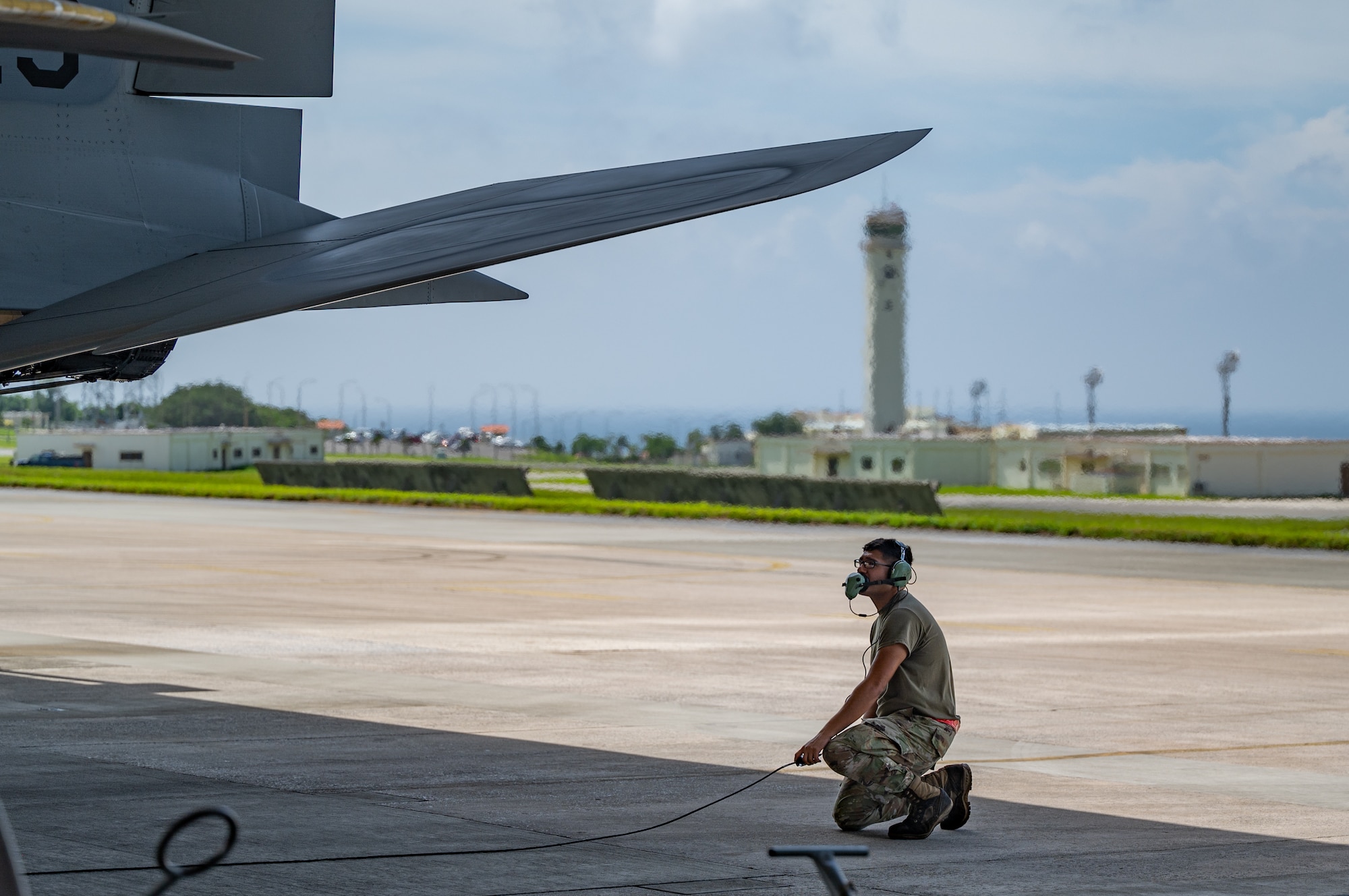 U.S. Air Force Airman 1st Class Joel Hernandez, 67th Aircraft Maintenance Unit crew chief, conducts preflight checks on an F-15C Eagle at Kadena Air Base, Japan, Sept. 14, 2021. Crew chiefs are responsible for day-to-day maintenance, including end-of-runway, post-flight, preflight, thru-flight, special inspections and phase inspections. (U.S. Air Force photo by Airman 1st Class Stephen Pulter)