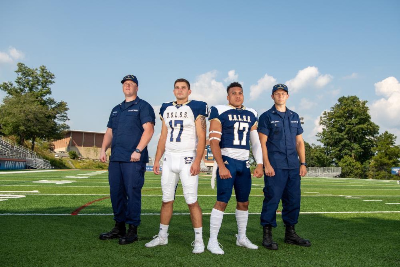 The Coast Guard Academy revealed a new uniform for their football team, Sep. 14, 2021. The new uniforms honor the legacy of United States Life-Saving Service Station 17 from Pea Island, North Carolina. Pea Island was the first life saving station to be manned by an all black crew, including keeper Capt. Richard Etheridge. (U.S. Coast Guard photo by Aux. David Lau)