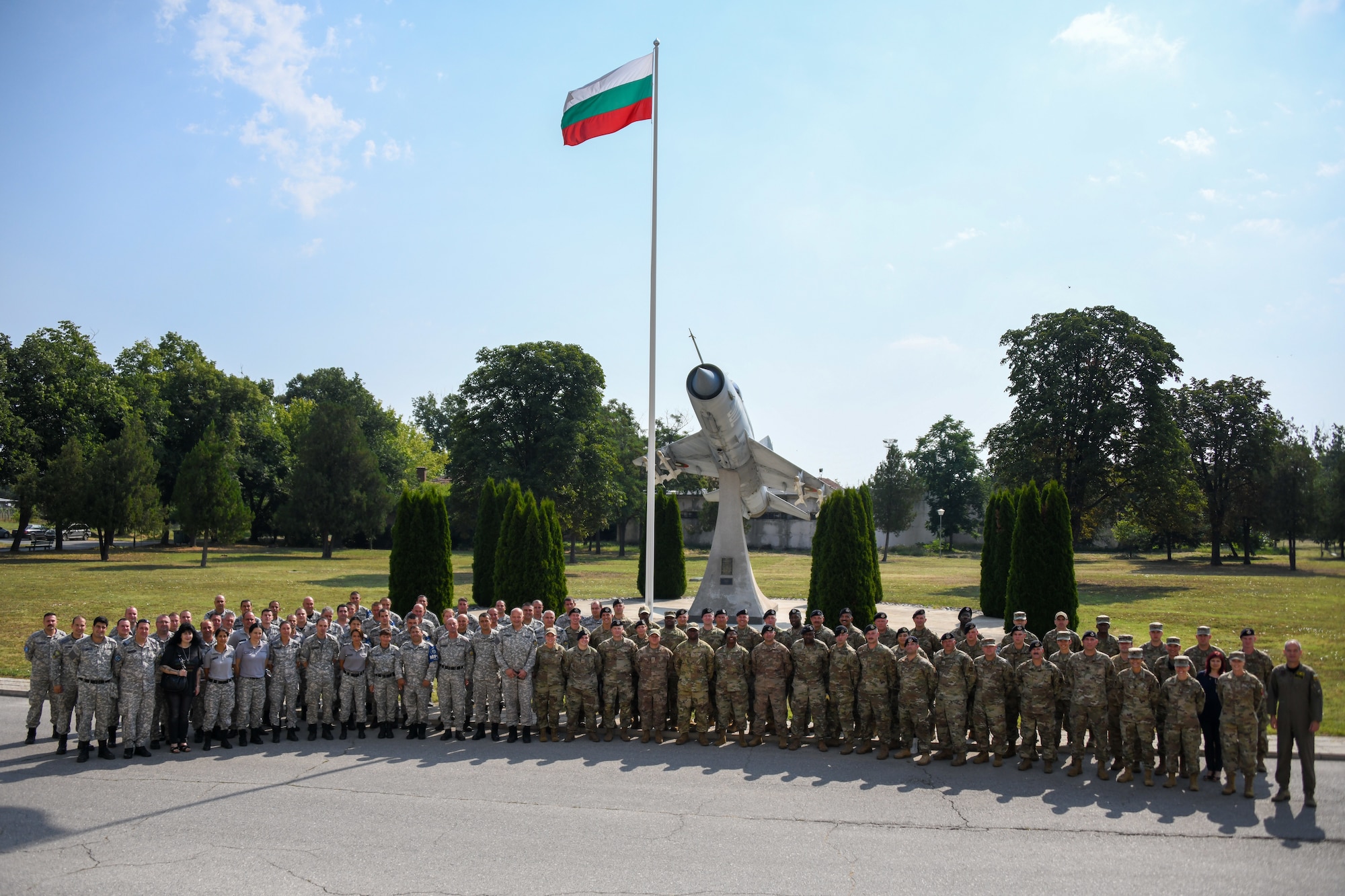 U.S. Airmen from the Tennessee Air National Guard and the 435th Contingency Response Group, Ramstein Air Base, Germany, participate in Falcon Defender 21 at Graf Ignatievo Air Base, Bulgaria. Falcon Defender 21 is a bilateral training exercise with the Bulgarian air force that increases operational capacity, capability, and interoperability for security forces and force protection measures. The Bulgarian air force and United States Air Force pose together on their first day of training.