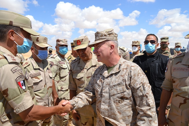 General Kenneth F. McKenzie, Jr., Commander, United States Central Command, visits U.S., and Coalition forces participating in Bright Star 21 (BS21) at Mohamed Naguib Military Base (MNMB), Egypt, Sept. 11. BS21 is a multilateral exercise hosted by the Arab Republic of Egypt with support from the U.S. Central Command (USCENTCOM). The purpose of BS21 is to promote and enhance regional security and cooperation, promote interoperability in irregular warfare against 21st Century hybrid threat scenarios, and to enhance interoperability throughout the full range of military operations. (U.S. Army photo by Sgt. 1st Class Andrew Miller)