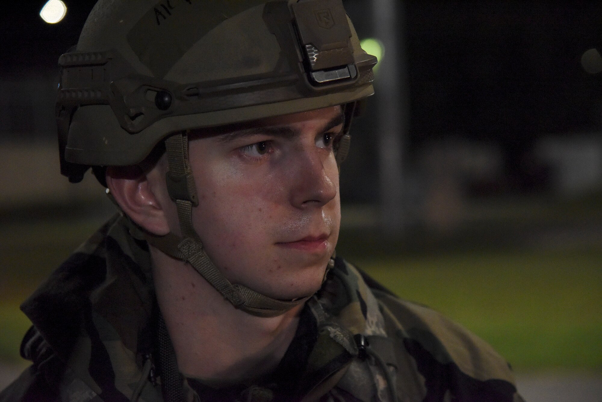 Airman 1st Class Zach Read, 51st Security Forces Squadron Defender, awaits instruction during a routine training event at Osan Air Base, Republic of Korea, Sept. 14, 2021. The scenarios serve as hands-on training opportunities to apply and refresh what they learned at tech school and at previous assignments. (U.S. Air Force photo by Tech. Sgt. Kristin High)