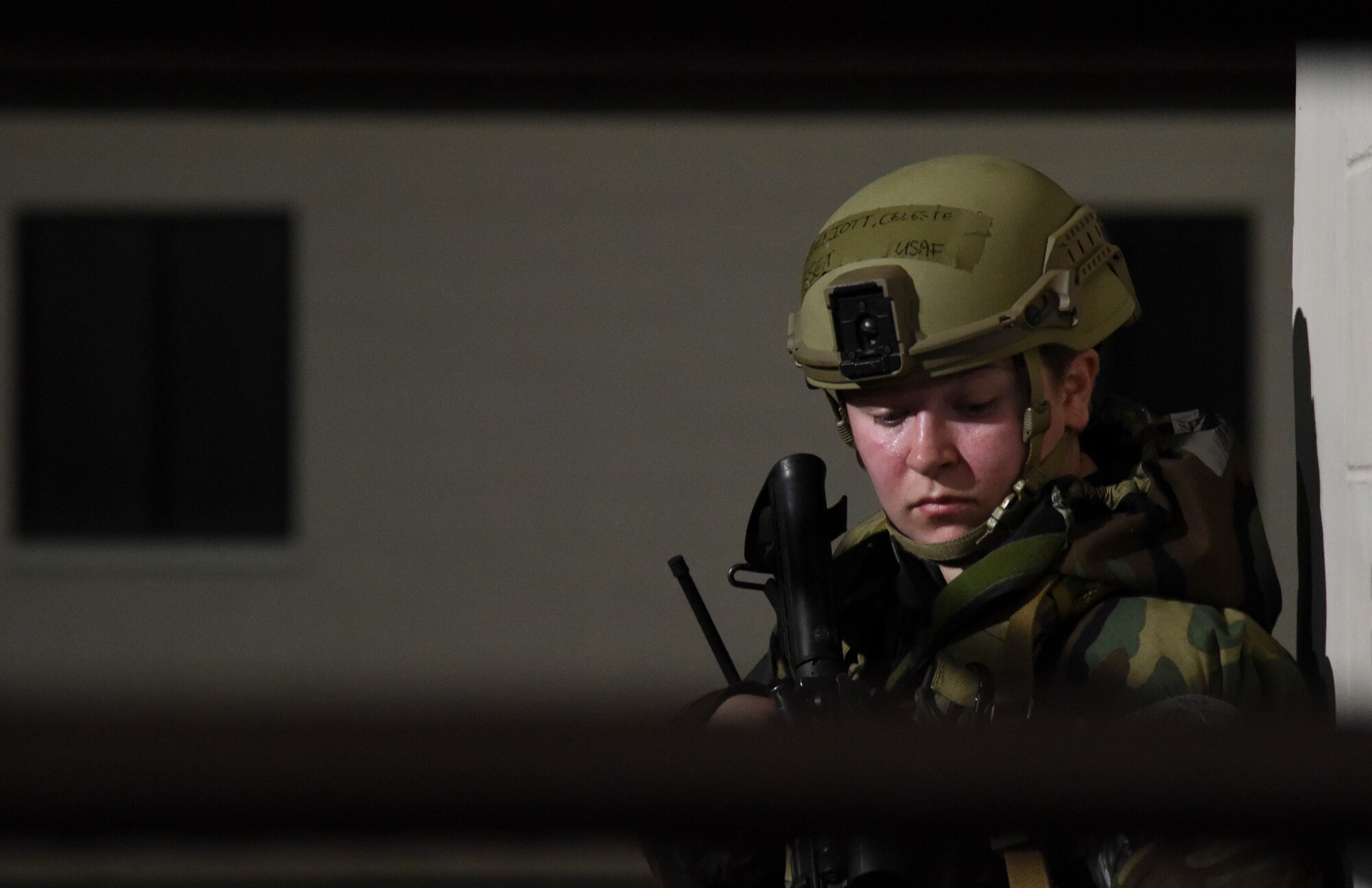 Staff Sgt. Celeste Elliott, 51st Security Forces Squadron Defender, participates in a scenario during a routine training event