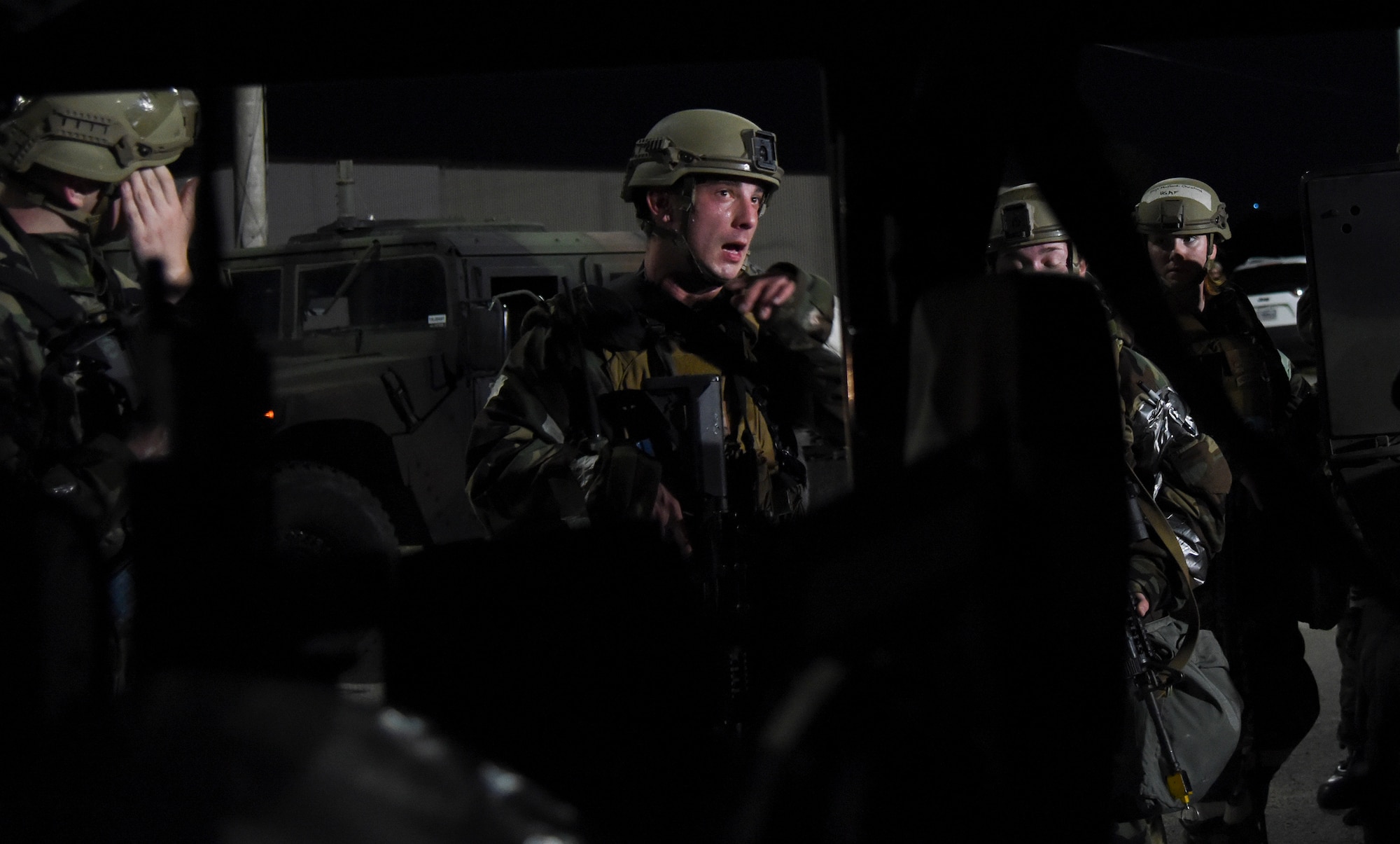 Senior Airman Alexander Westin, 51st Security Forces Squadron Defender, instructs teammates during a routine training event