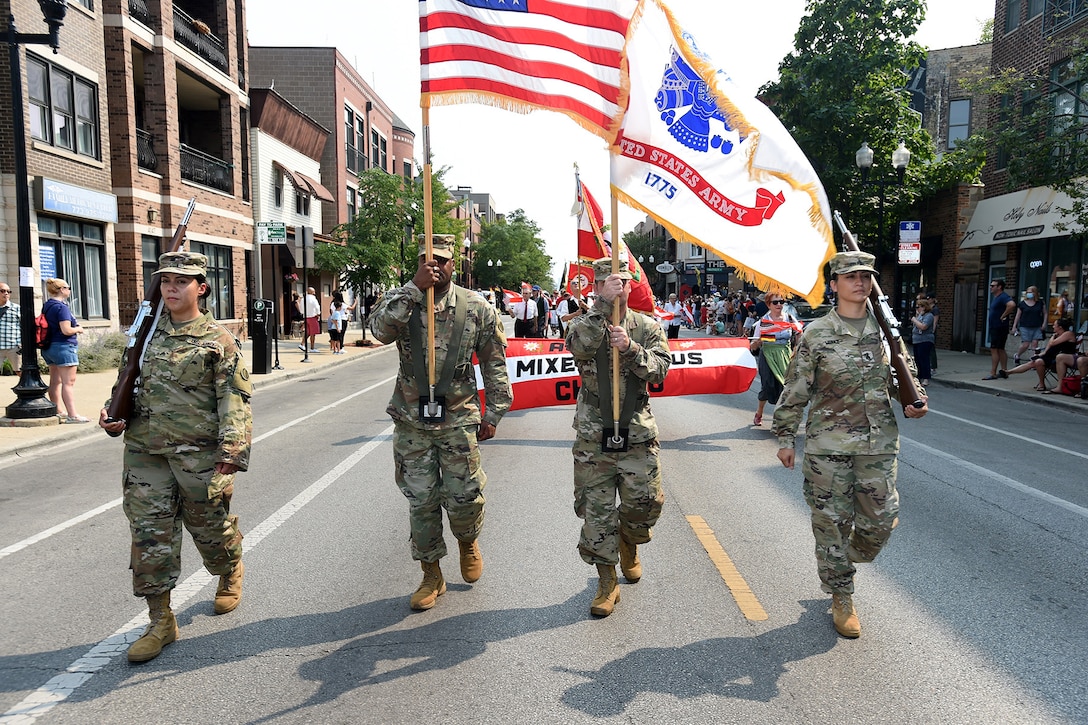 The 85th U.S. Army Reserve Support Command color guard team marches in Chicago’s 55th annual Steuben Parade, September 11, 2021.