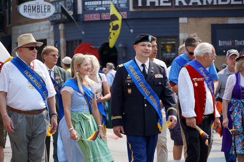 Chicago’s 55th Annual Steuben Parade honors Maj. Scott D. Hager, company commander for the Headquarters and Headquarters Company, 85th USARSC, as the honorary parade Grand Marshall during the Saturday parade September 11, 2021.
