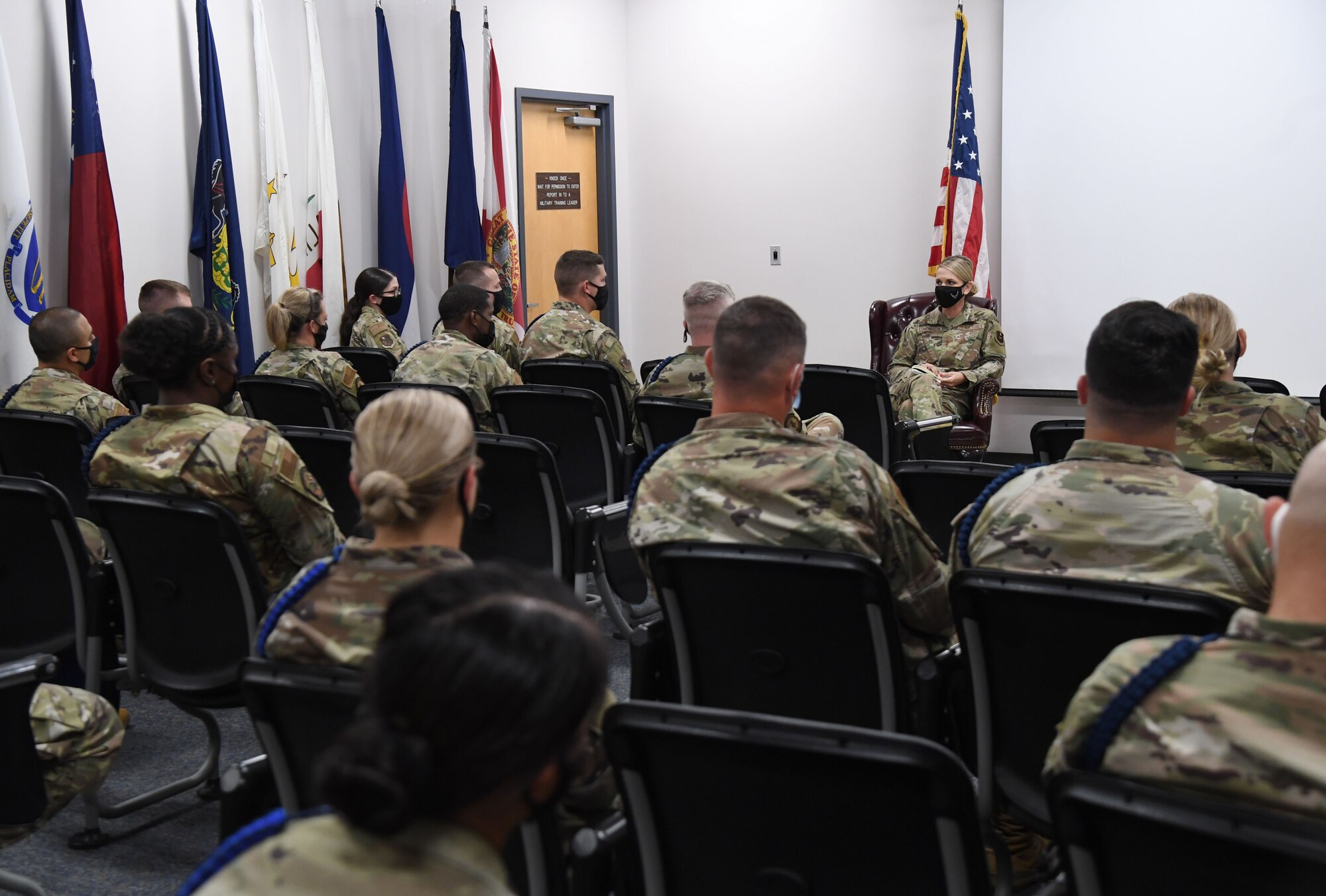 U.S. Air Force Maj. Gen. Michele Edmondson, Second Air Force commander, participates in a sensing session with military training leaders during an immersion tour inside the Levitow Training Support Facility at Keesler Air Force Base, Missisippi, Sept. 13, 2021. Edmondson offered an open discussion forum to the MTLs so that she could learn ways of improvements moving forward. (U.S. Air Force photo by Kemberly Groue)