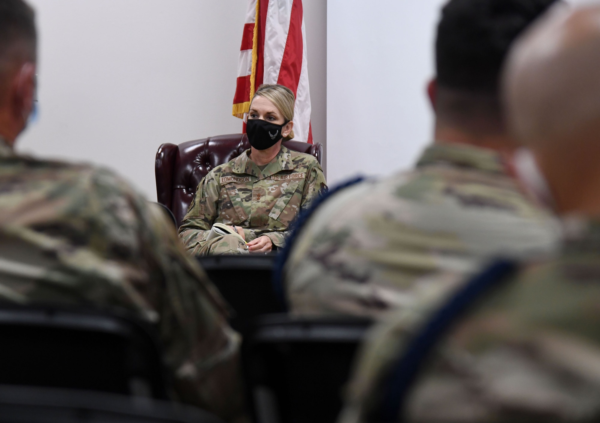 U.S. Air Force Maj. Gen. Michele Edmondson, Second Air Force commander, participates in a sensing session with military training leaders during an immersion tour inside the Levitow Training Support Facility at Keesler Air Force Base, Missisippi, Sept. 13, 2021. Edmondson offered an open discussion forum to the MTLs so that she could learn ways of improvements moving forward. (U.S. Air Force photo by Kemberly Groue)