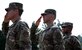 From left, U.S. Air Force Col. Michael Zuhlsdorf, Joint Base Anacostia-Bolling and 11th Wing commander; Lt. Col. Nathan Zahn, United States Air Force Honor Guard commander; and Maj. Justin Boyd, United States Air Force Honor Guard director of operations, render a salute as the national anthem is sung during a United States Space Force transfer ceremony held on the ceremonial lawn at JBAB, Washington, D.C., Aug. 10, 2021. Zahn and Boyd moved onto the next chapter of their careers in the United States Space Force after more than 20 years of service between them. (U.S. Air Force photo by Senior Airman Kevin Tanenbaum)