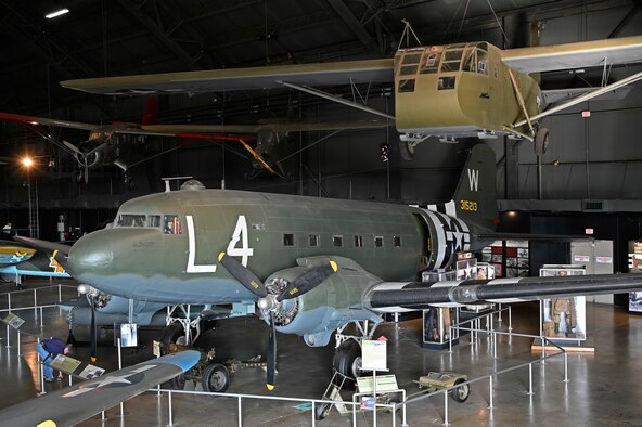 Douglas C-47D Skytrain and Waco CG-4A glider in the World War II Gallery of the National Museum of the U.S. Air Force.