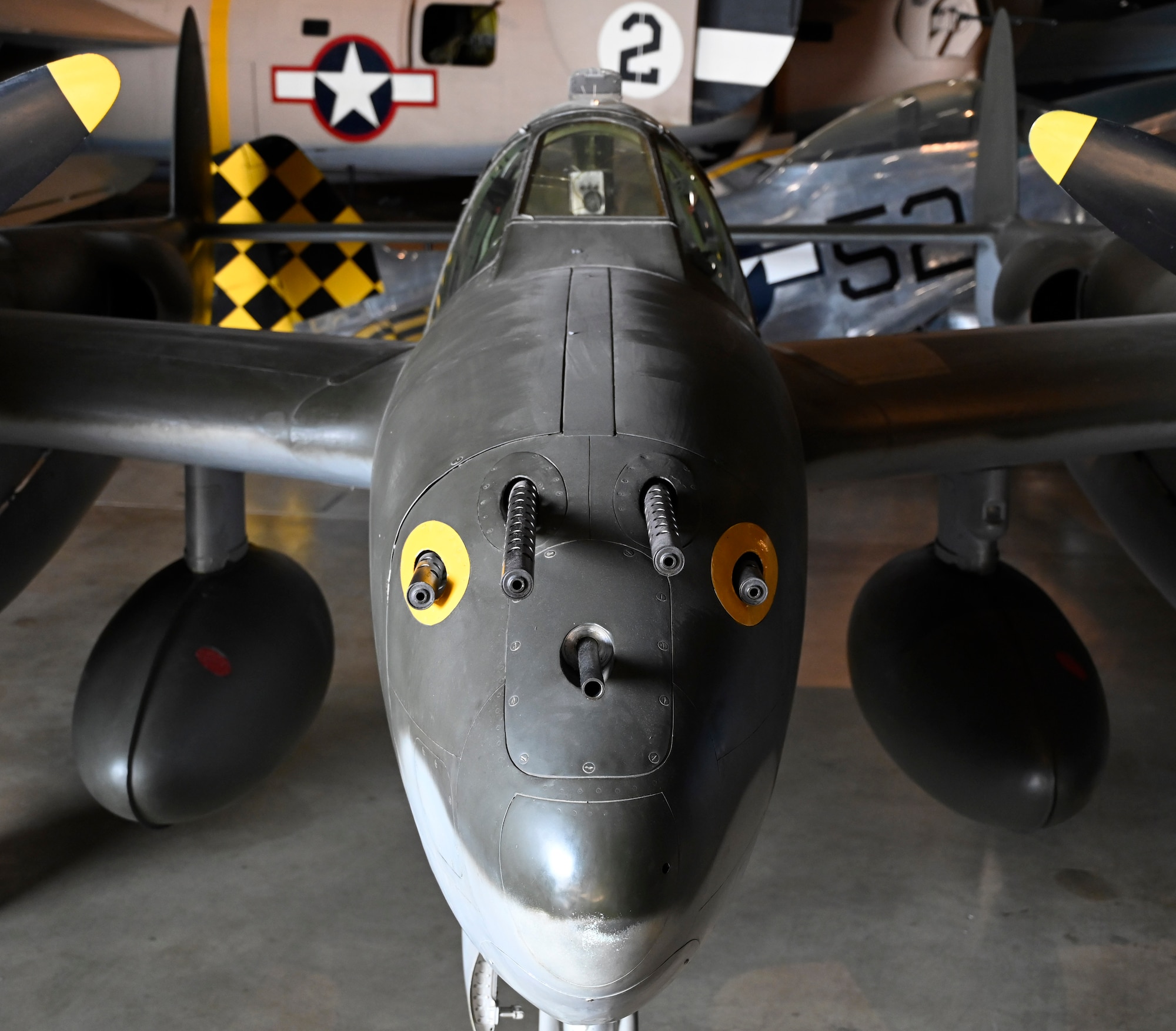 Lockheed P-38L Lightning on display in the World War II Gallery of the National Museum of the U.S. Air Force.