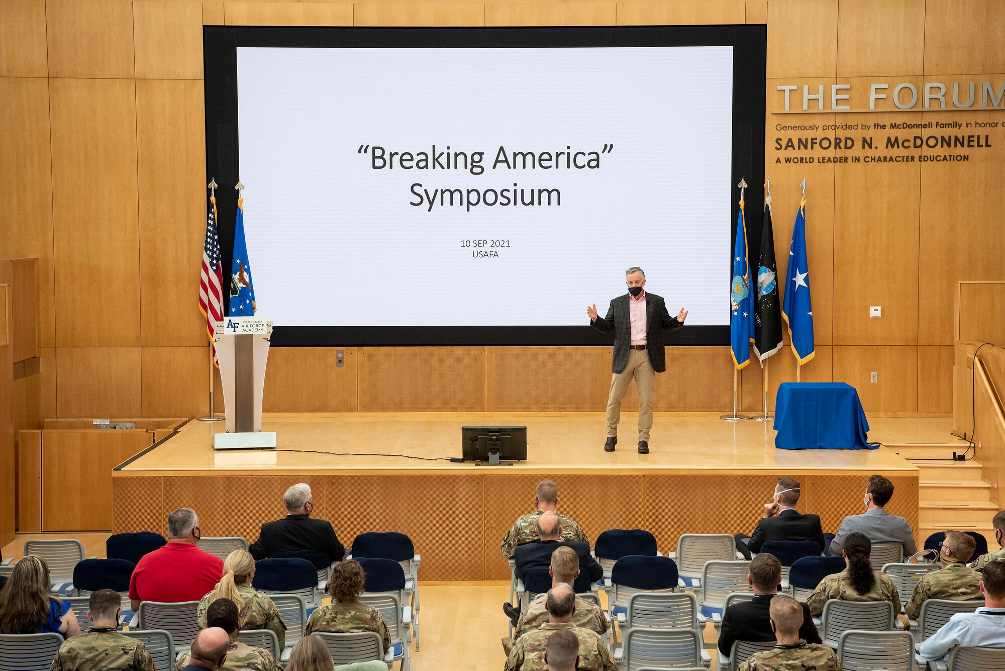 William Miller, director of North American Aerospace Defense Command and U.S. Northern Command’s Joint Training and Exercise Wargaming Division, delivers opening remarks during a Breaking America symposium at the Air Force Academy, Colo., Sept. 10, 2021.