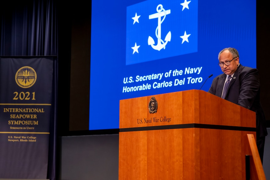 Secretary of the Navy Carlos Del Toro delivers remarks during the International Seapower Symposium.