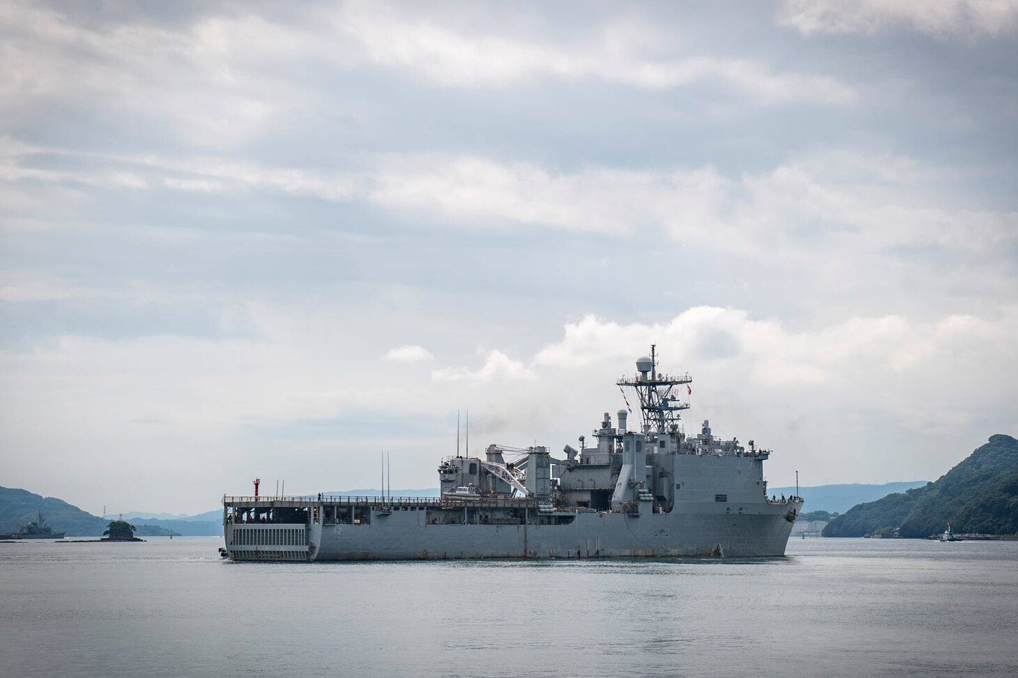 The amphibious dock landing ship USS Germantown (LSD 42) departs Commander, Fleet Activities Sasebo, Japan (CFAS) Sept. 15, 2021. Germantown departed San Diego Jan. 5, 2011 and will return to home port there following a decade of service as a forward-deployed ship at CFAS in U.S. 7th Fleet.