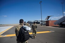 49th Wing Airmen supporting exercise agile combat employment reaper board a C-17 Globemaster III Sept. 8, 2021, on Holloman AFB, New Mexico. Exercise ACE reaper is being held on Marine Corps Base, Hawaii. (U.S. Air Force photo by Airman 1st Class Adrian Salazar)