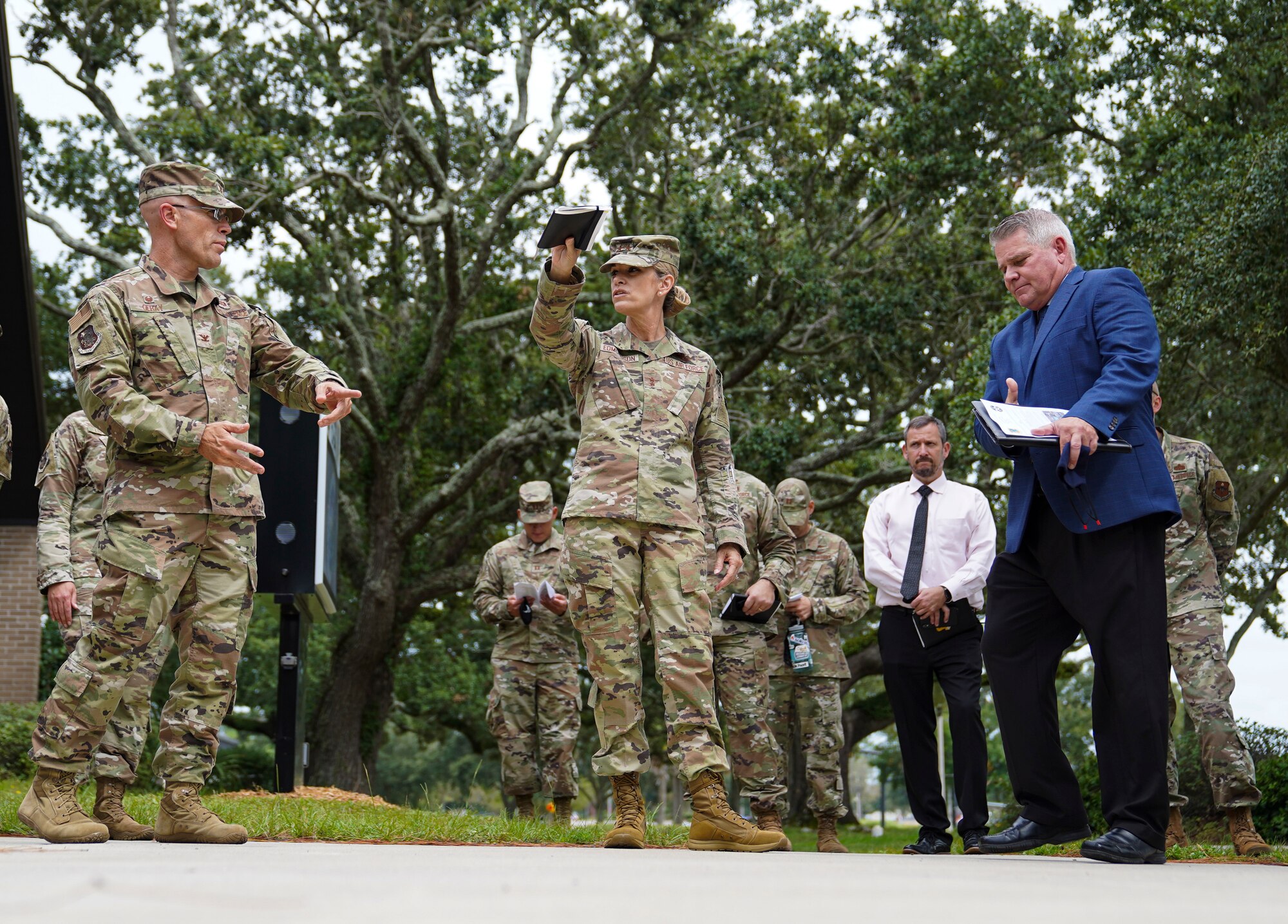 U.S. Air Force Michele C. Edmondson, 2nd Air Force commander, briefs Col. Chance Geray, 81st Training Group commander, during an immersion tour at Keesler Air Force Base, Missisippi, September 13, 2021. Edmondson visited the 81st Medical Group, the 81st Security Forces Squadron, the Sablich Center and more as part of her tour of the 81st Training Wing. (U.S. Air Force photo by Senior Airman Spencer Tobler)