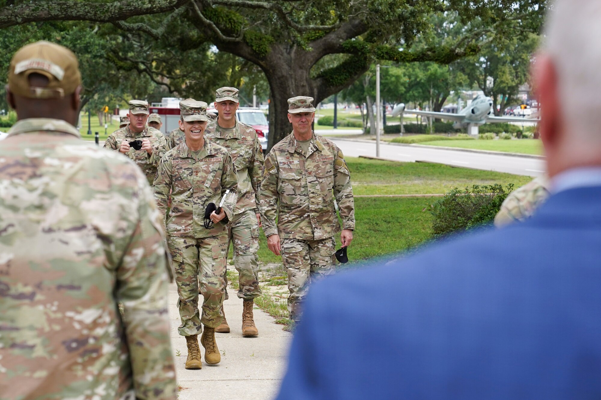 U.S. Air Force Michele C. Edmondson, Second Air Force commander, and Col. William Hunter, 81st Training Wing commander, greet Keesler personnel during an immersion tour at Keesler Air Force Base, Missisippi, September 13, 2021. Edmondson visited the 81st Medical Group, the 81st Security Forces Squadron, the Sablich Center and more as part of her tour of the 81st Training Wing. (U.S. Air Force photo by Senior Airman Spencer Tobler)