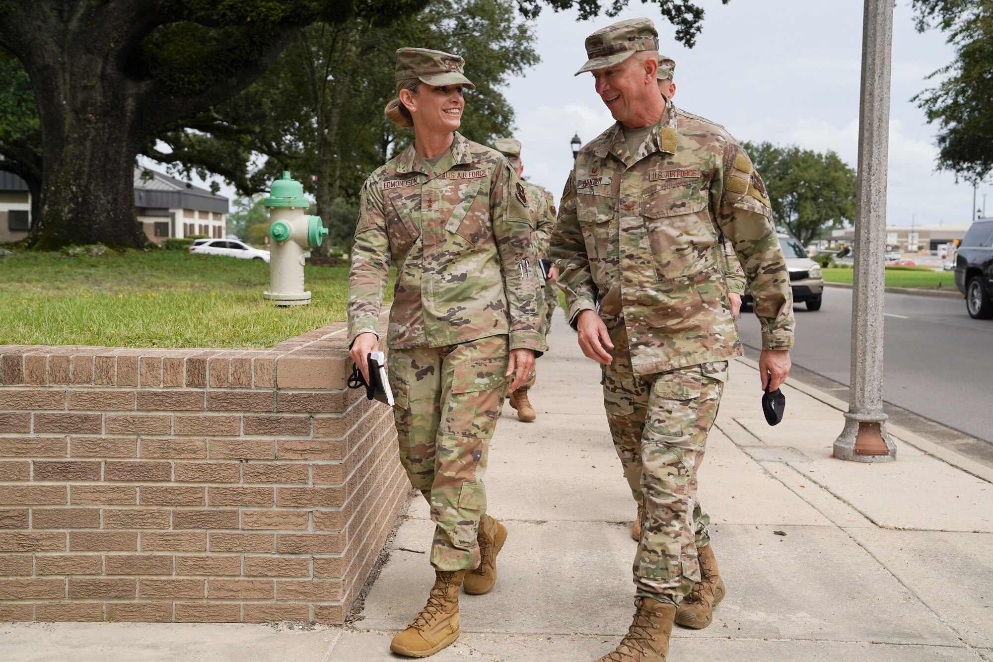 U.S. Air Force Michele C. Edmondson, Second Air Force commander, talks to Col. William Hunter, 81st Training Wing commander, during an immersion tour at Keesler Air Force Base, Missisippi, September 13, 2021. Edmondson visited the 81st Medical Group, the 81st Security Forces Squadron, the Sablich Center and more as part of her tour of the 81st Training Wing. (U.S. Air Force photo by Senior Airman Spencer Tobler)