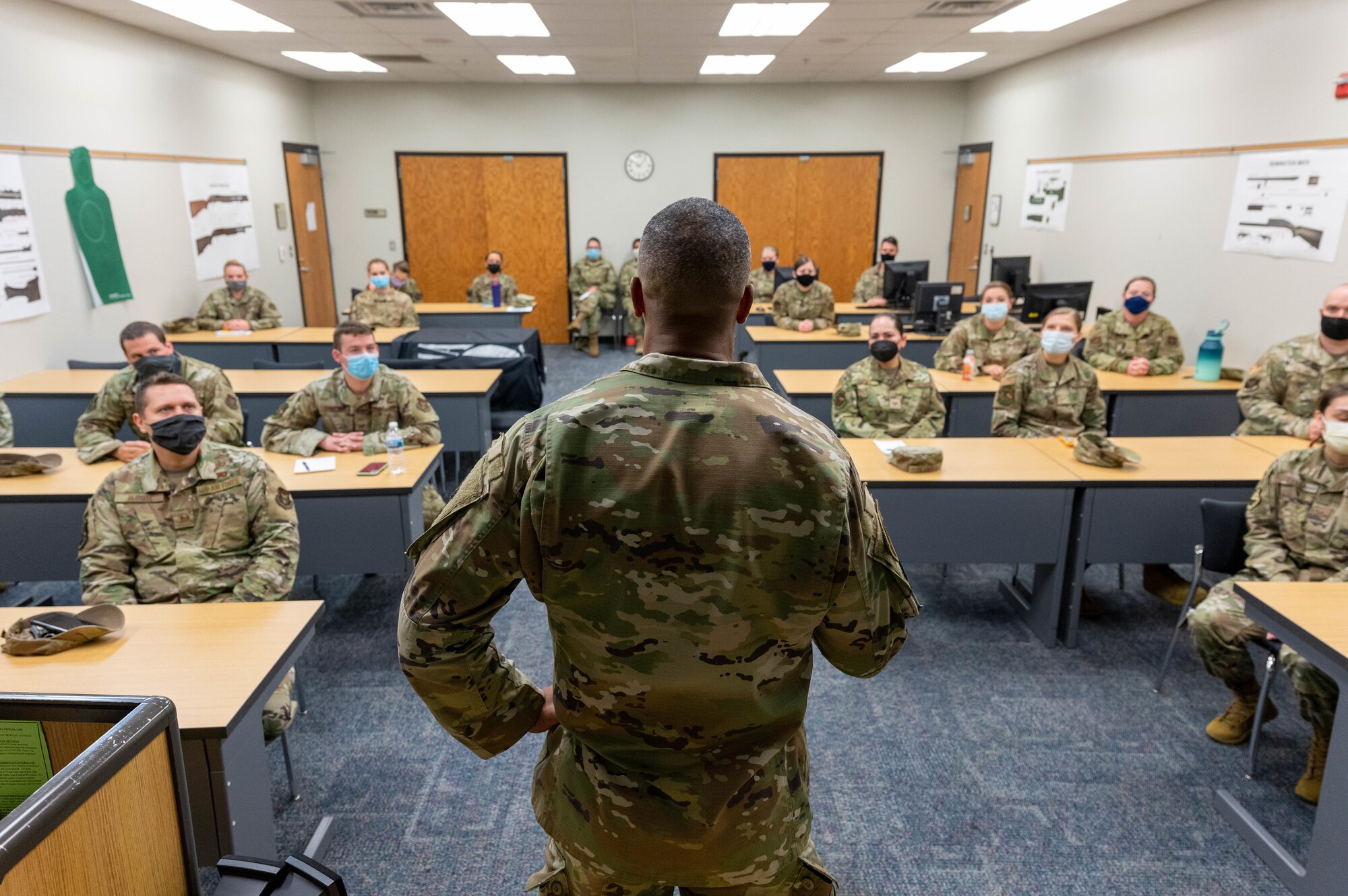 Chief Master Sgt. Tim White addresses a meeting of the 934th Airlift Wing Rising Six group at the Minneapolis-St. Paul Air Reserve Station on Sept. 11, 2021. White spoke about the need for unity in the ranks, and focusing on common goals. (U.S. Air Force photo by Master Sgt. Trevor Saylor)