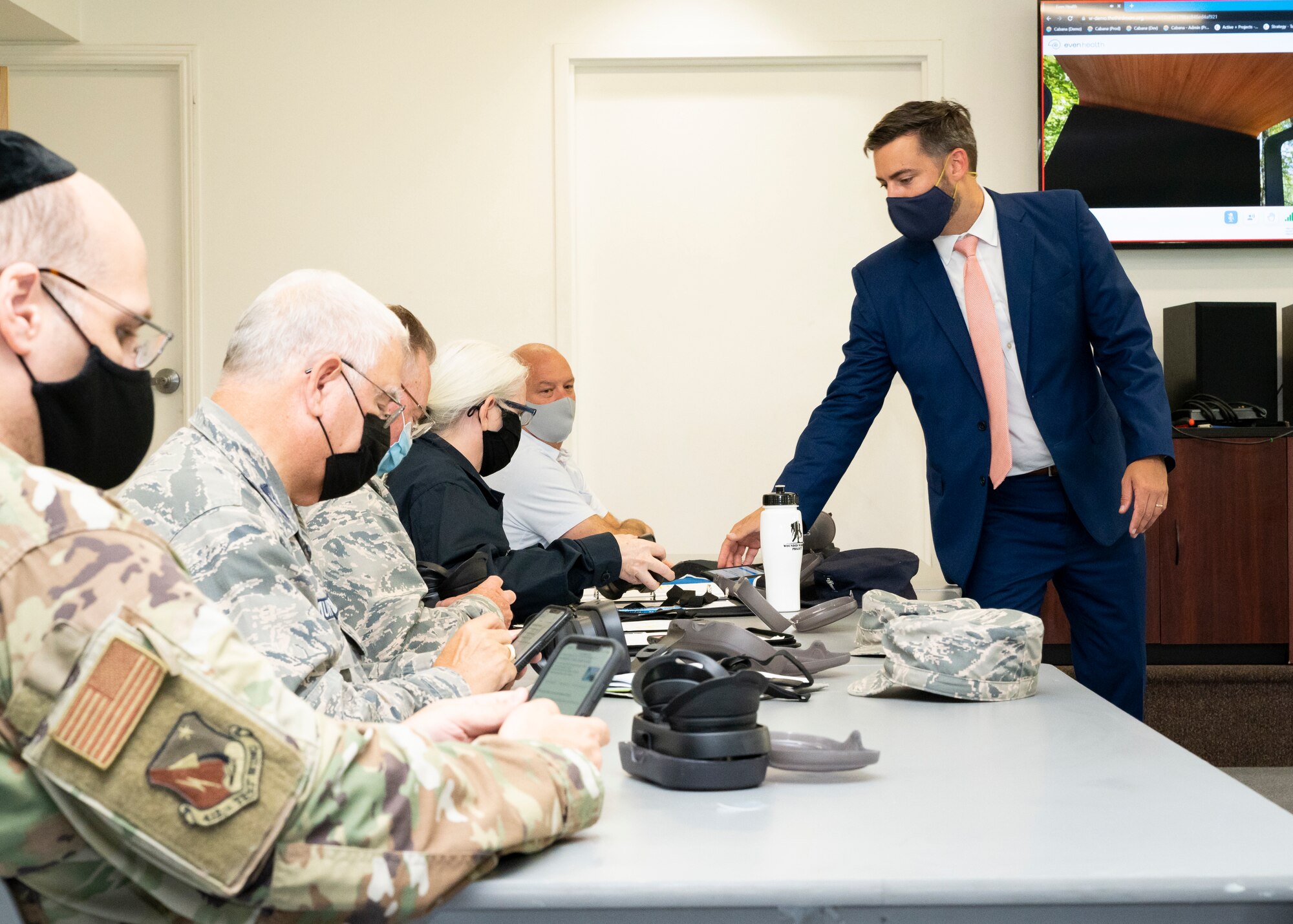 David Black, co-founder and CEO of Even Health, provides training of his company's "The Third Room" platform to chaplains at Edwards Air Force Base, California, Sept. 10. The Third Room is a software platform that allows Airmen and civilians to interface with chaplains in a remote and even anonymous manner. The program is being tested at Edwards AFB as part of AFWERX's Small Business Innovation Research (SBIR) program. (Air Force photo by Katherine Franco)