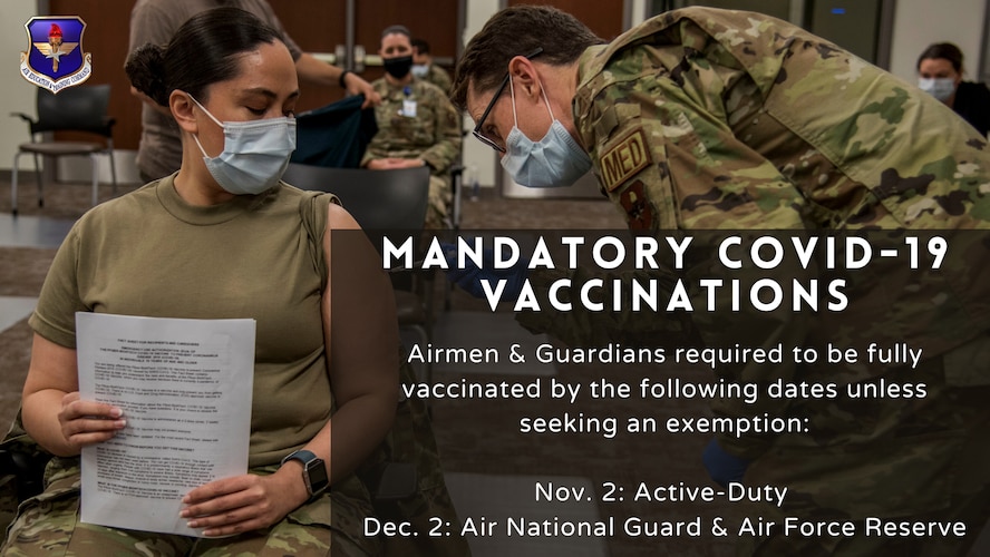 Graphic of of medical Airmen administering a COVID-19 vaccine to a Airmen. Also includes the title "AETC on path to complete mandatory COVID-19 vaccinations" with the deadline being Nov.2 for active duty personnel