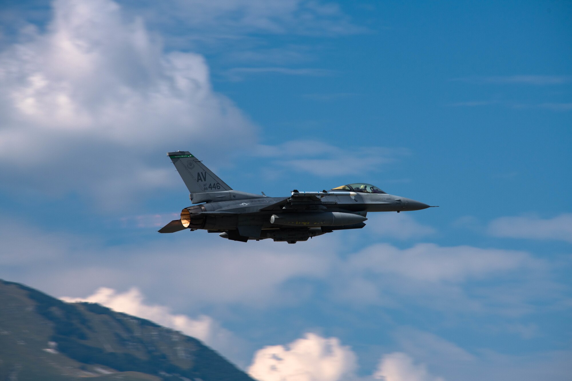 A U.S. Air Force F-16 Fighting Falcon assigned to the 555th Fighter Squadron takes off at Aviano Air Base, Italy, Sept. 7, 2021. The aircraft left in preparation for Agile Combat Employment exercise, Agile Wyvern. The exercise was designed to enhance partner interoperability, maintain joint readiness and assure U.S regional allies. (U.S. Air Force photo by Senior Airman Noah Sudolcan)