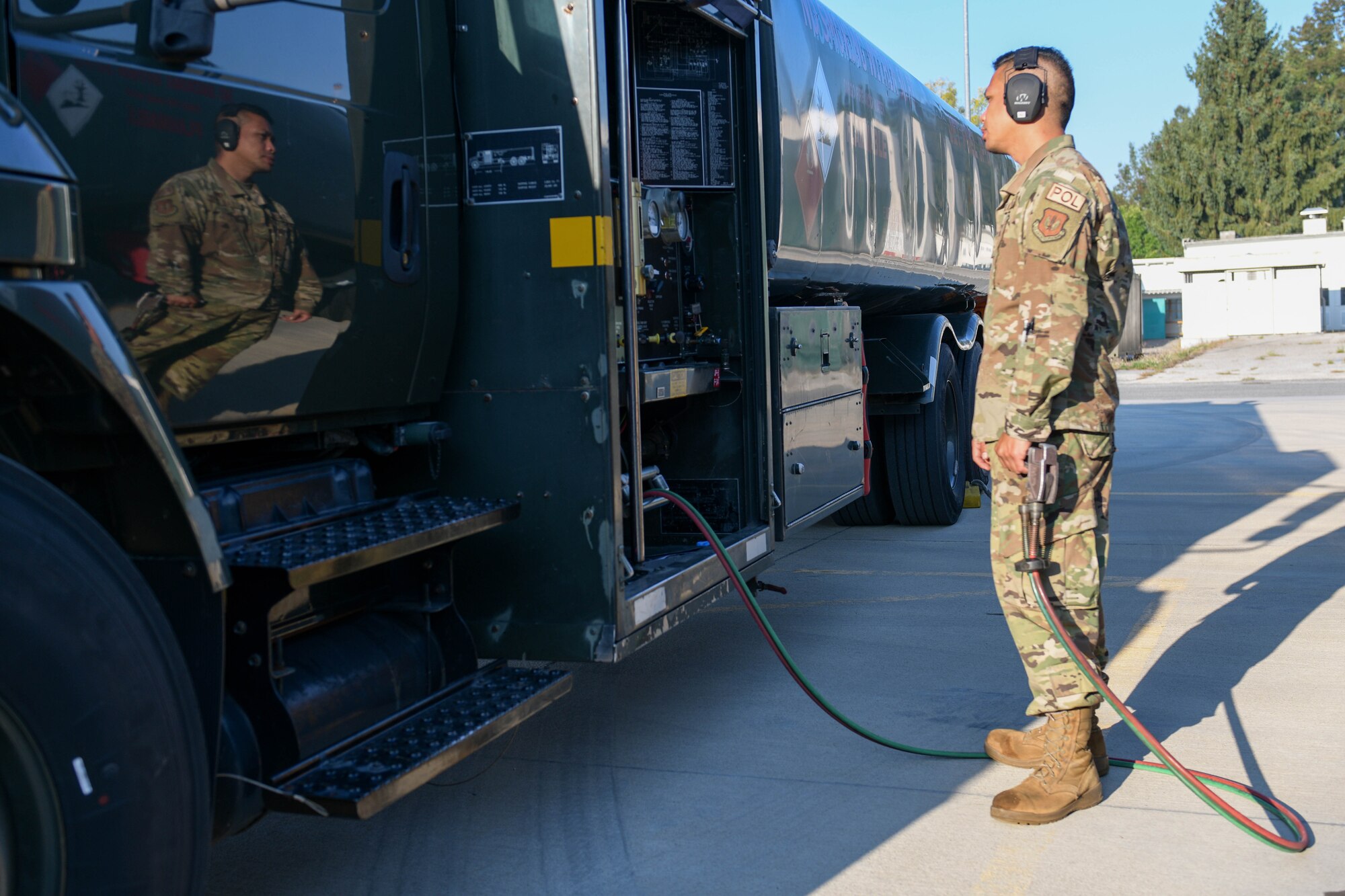 Airman 1st Class Matthew Olinger, 31st Logistics Readiness Squadron petroleum, oil and lubricants fuels distributor operator, recirculates fuel in preparation for exercise Agile Wyvern at Cerklje ob Krki Air Base, Slovenia, Sept. 8, 2021. Distribution fuels operators handle jet fuel, operate large vehicles, and ensure the compliance of all safety regulations as part of their duty. (U.S. Air Force photo by Senior Airman Brooke Moeder)